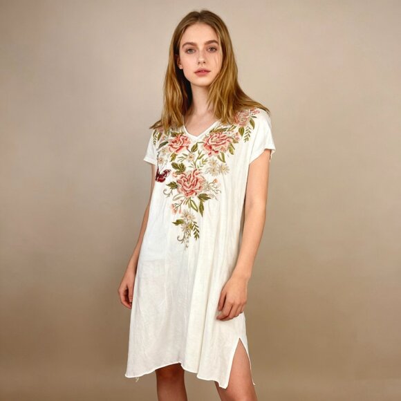 NWOT Johnny Was Floral Embroidery Flowers White Knee Length Dress Size S